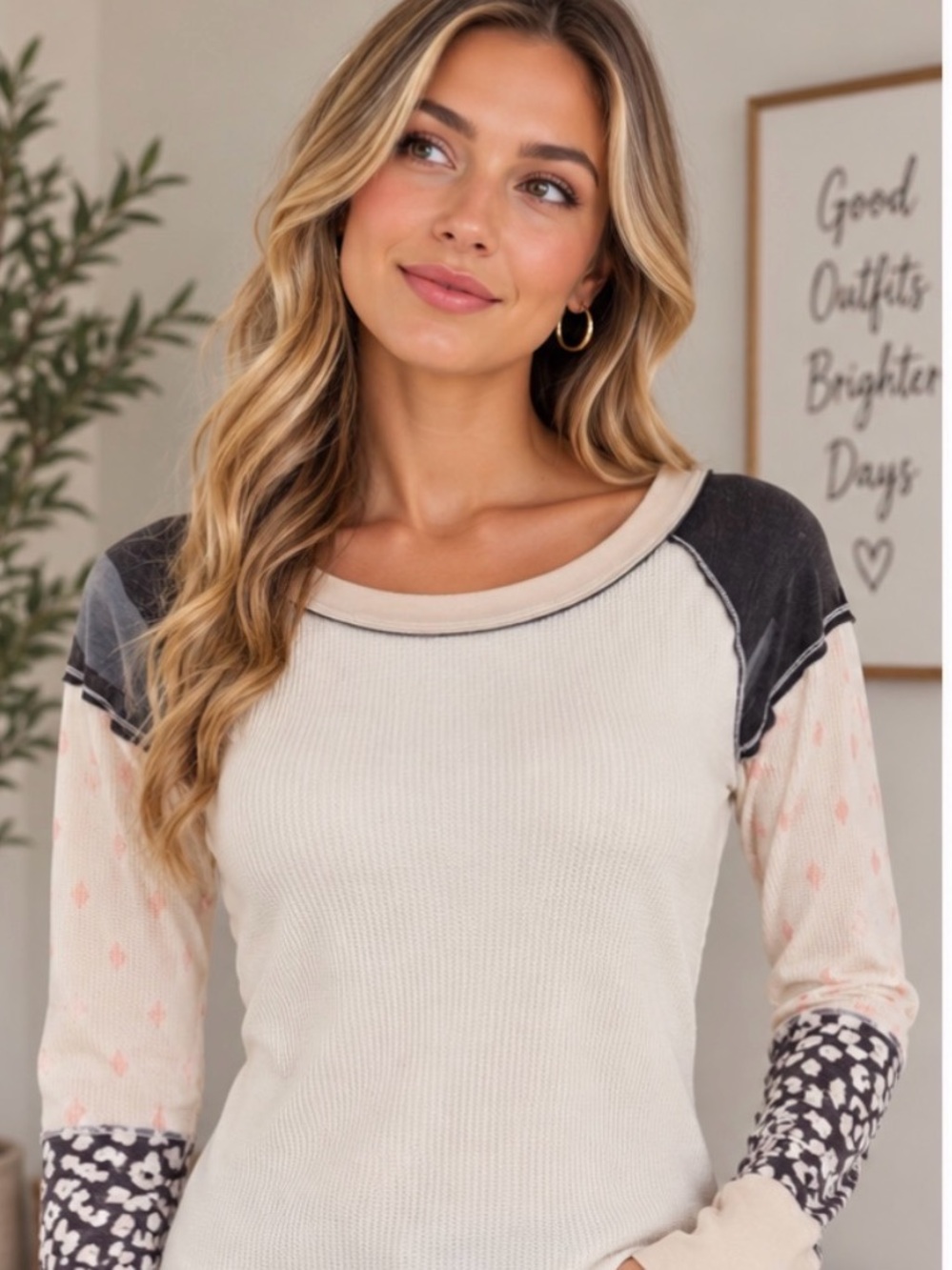 We The Free Cream Waffle Thermal Mixed Print Long Sleeve Cottagecore Top XS